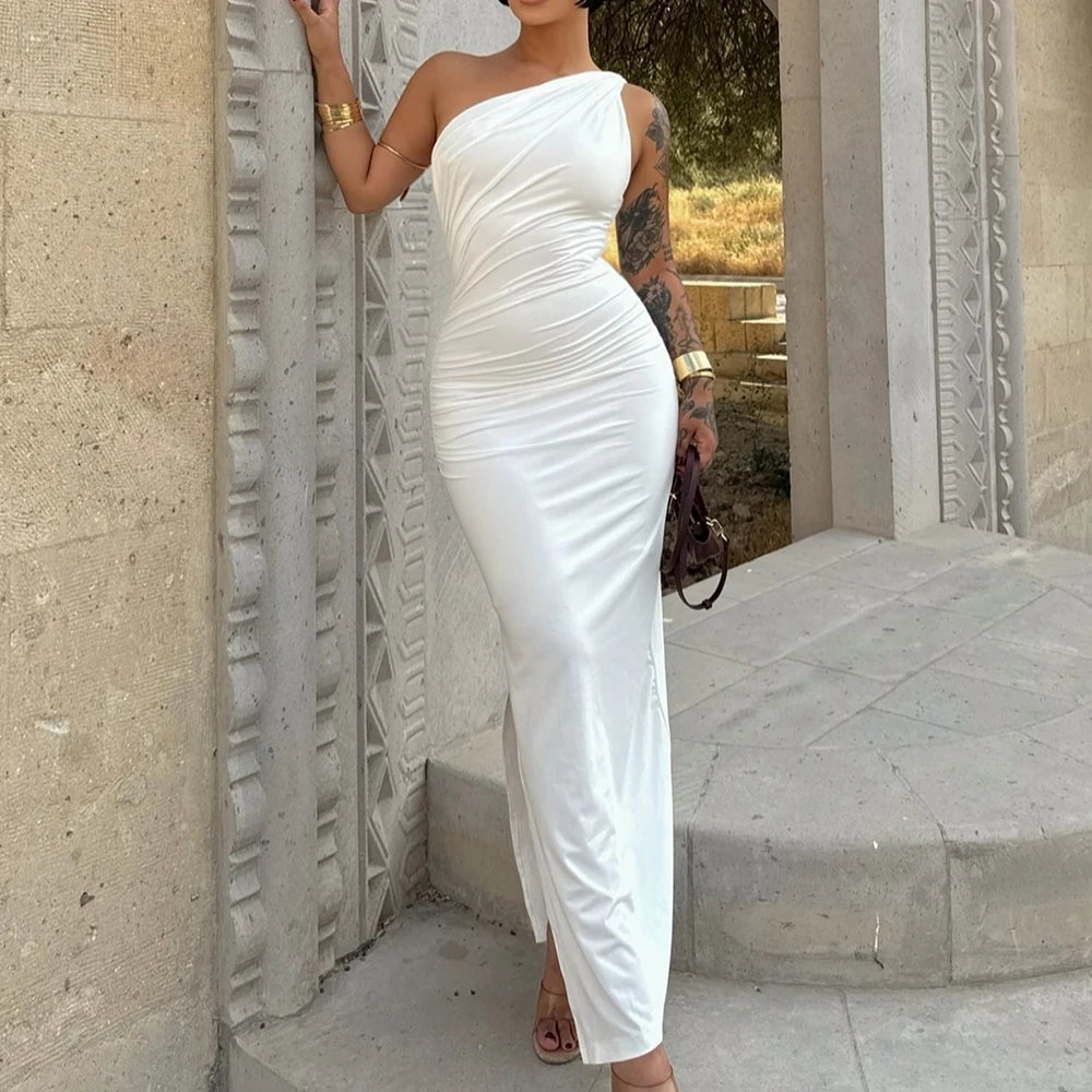 

Formal White One Shoulder Straight Side Slit Evening Dresses Pleats Sleeveless Solid Color Satin Floor Length Custom Made Gowns