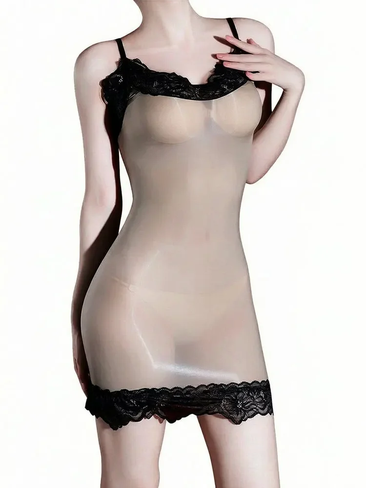 Women's V Backless Halter Silk Nightdress Oil Shiny Glossy Lace Patchwork Spaghetti Strap Slimming Dress Smooth Wrap Hip Pajamas