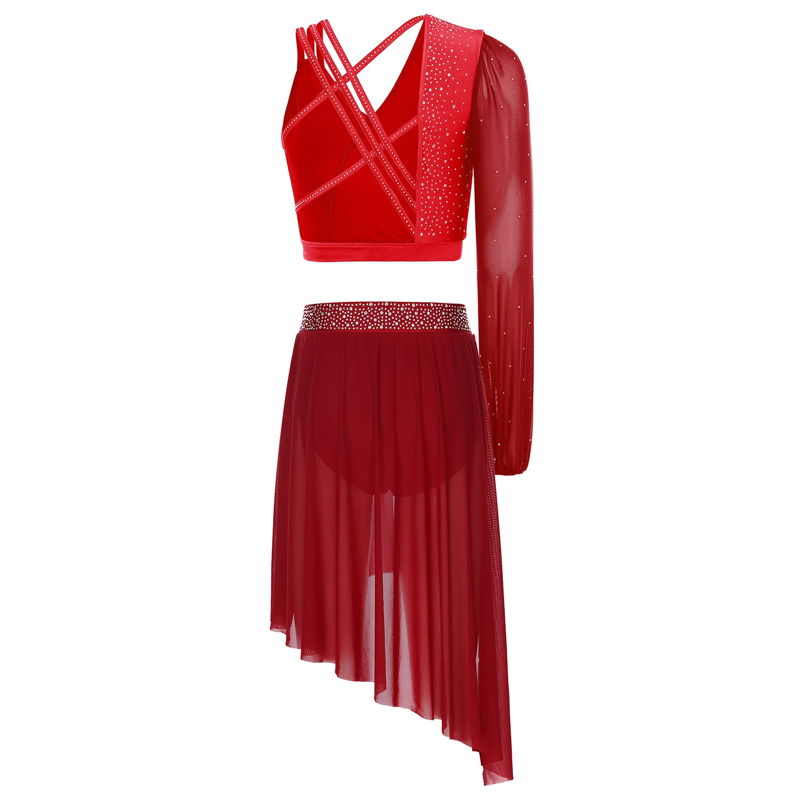 レディースモダンリリカルダンスシャイニーラインストーン衣装ワンロングスリーブストラップバッククロップトップイレギュラーヘムスカートラテンダンス用
