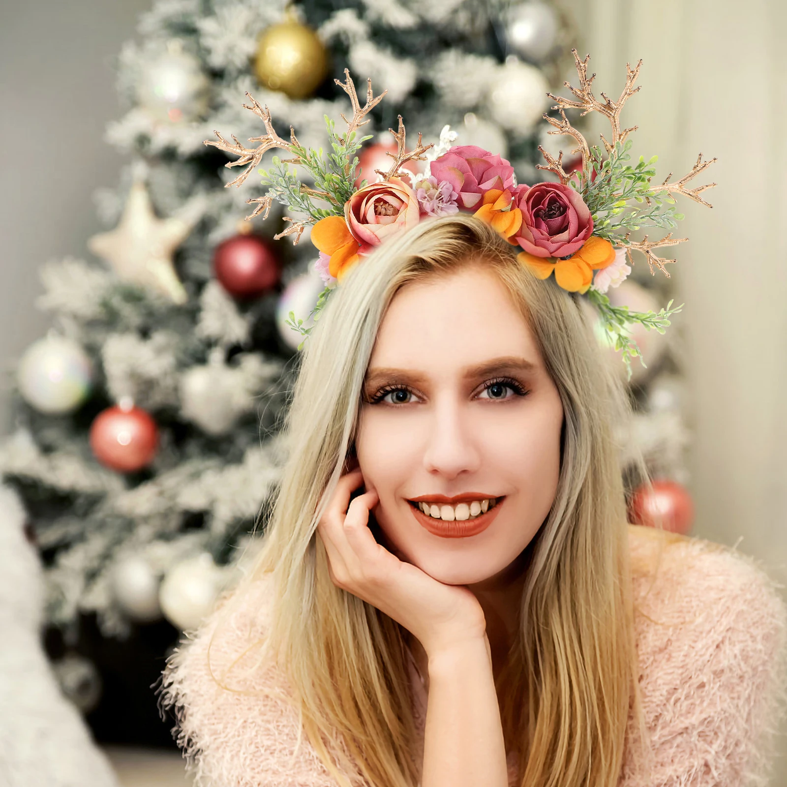 

Simulated Flower Antler Headband Lightweight Comfortable Christmas Antlers Hair Hoops Party Supplies cosplay performance photo