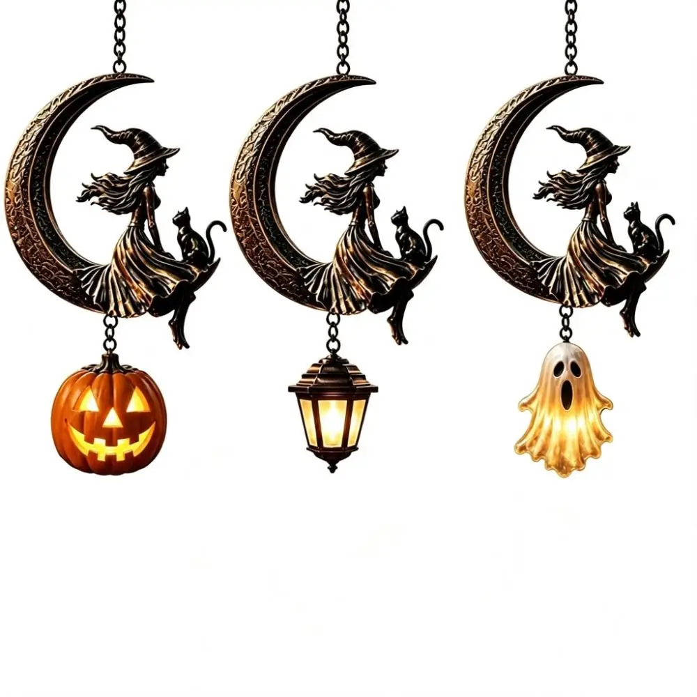 Solar Powered Moon Witch Lantern Rustproof Metal Durable Metal Solar Halloween Moon Lamp Wall Mount Vintage