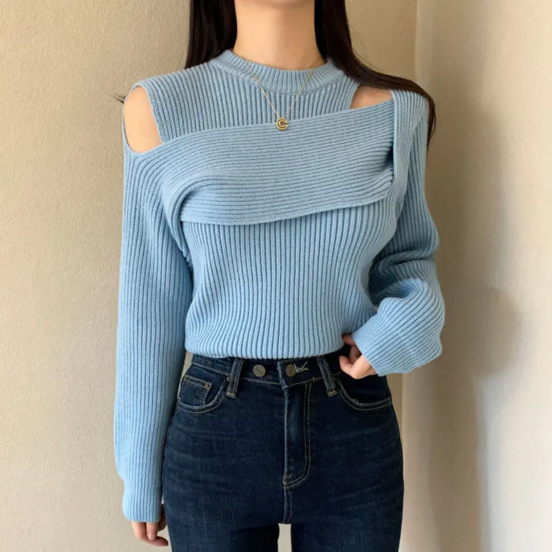 Matakawa Irregular Women Sweaters Hollow Out Solid Korean Chic Autumn Winter Pull Femme Vintage Elegant Pullovers Fashion