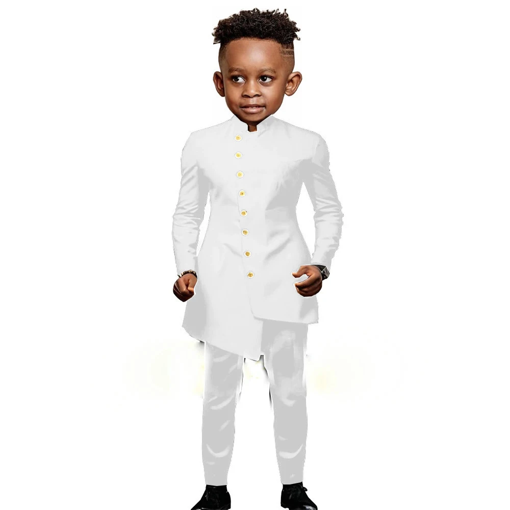 White Suit for Boys Wedding Tuxedo Indian Design Stand Collar 2 Pieces Slim Fit Kids Fashion Party Dress Child Clothes