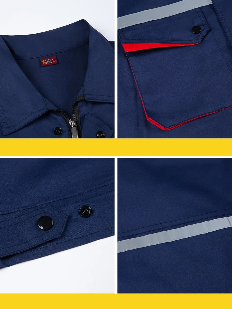 Sommer-Arbeiter-Kleidungsset, 100 % Baumwolle, atmungsaktiv, dünn, Arbeitsoverall, reflektierende Streifen, Sicherheitsarbeiter-Uniformen, Mechaniker-Anzug