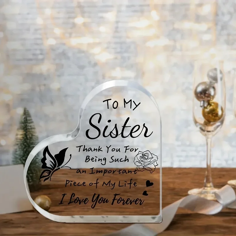 Thank You For Being Important Piece of My Life Sister Acrylic Sign,Heart Shaped Acrylic Plaque To My Sister Butterfly Rose Desk Decor Gift