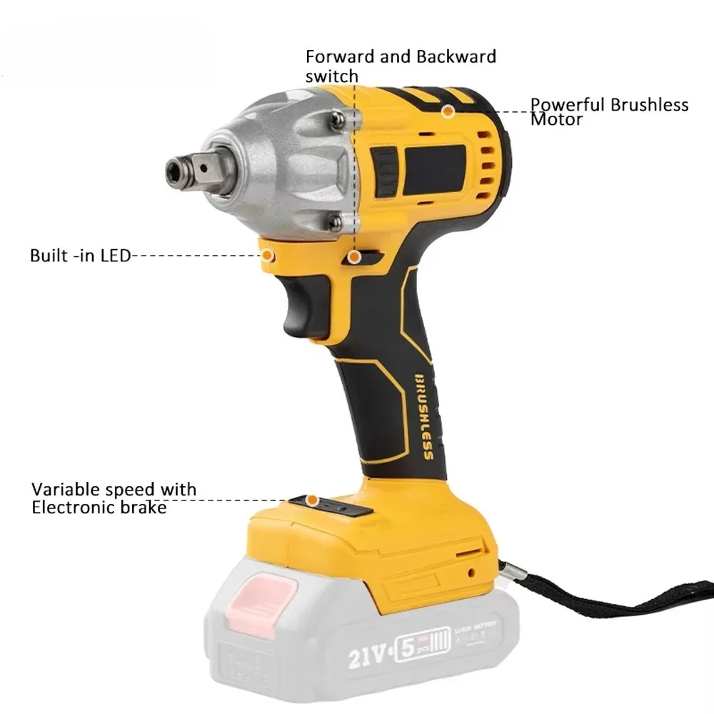 21V 2 In 1 Brushless Cordless Electric Impact Wrench 1/2Inch Power Tools LED Light Adapt To Makita Battery