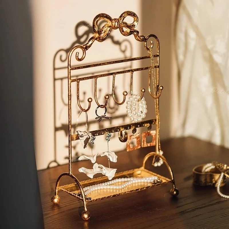 Vintage Bowknot Jewelry Stand, Elegant Gold Alloy Organizer, Retro Earring, Necklace Display, Home Decor Accent