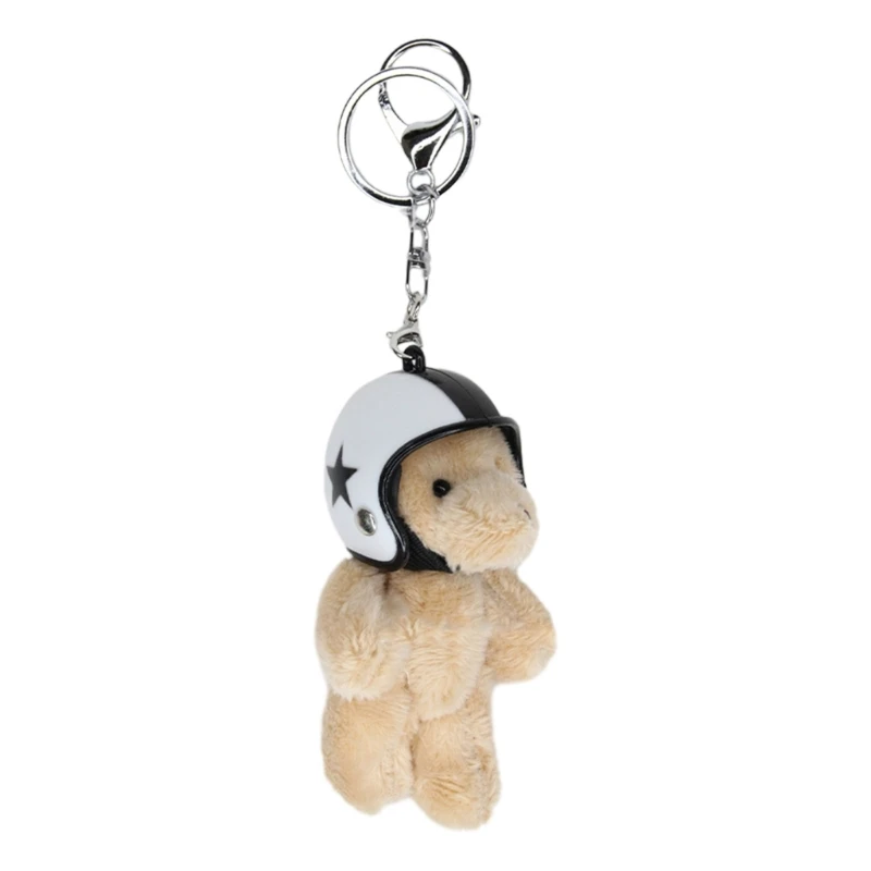 E0BF Lovely Helmeted Bear Charm Keychains Y2K Plush Ornament Pendant Car Keyring Backpack Decoration Bag Charm Jewelry