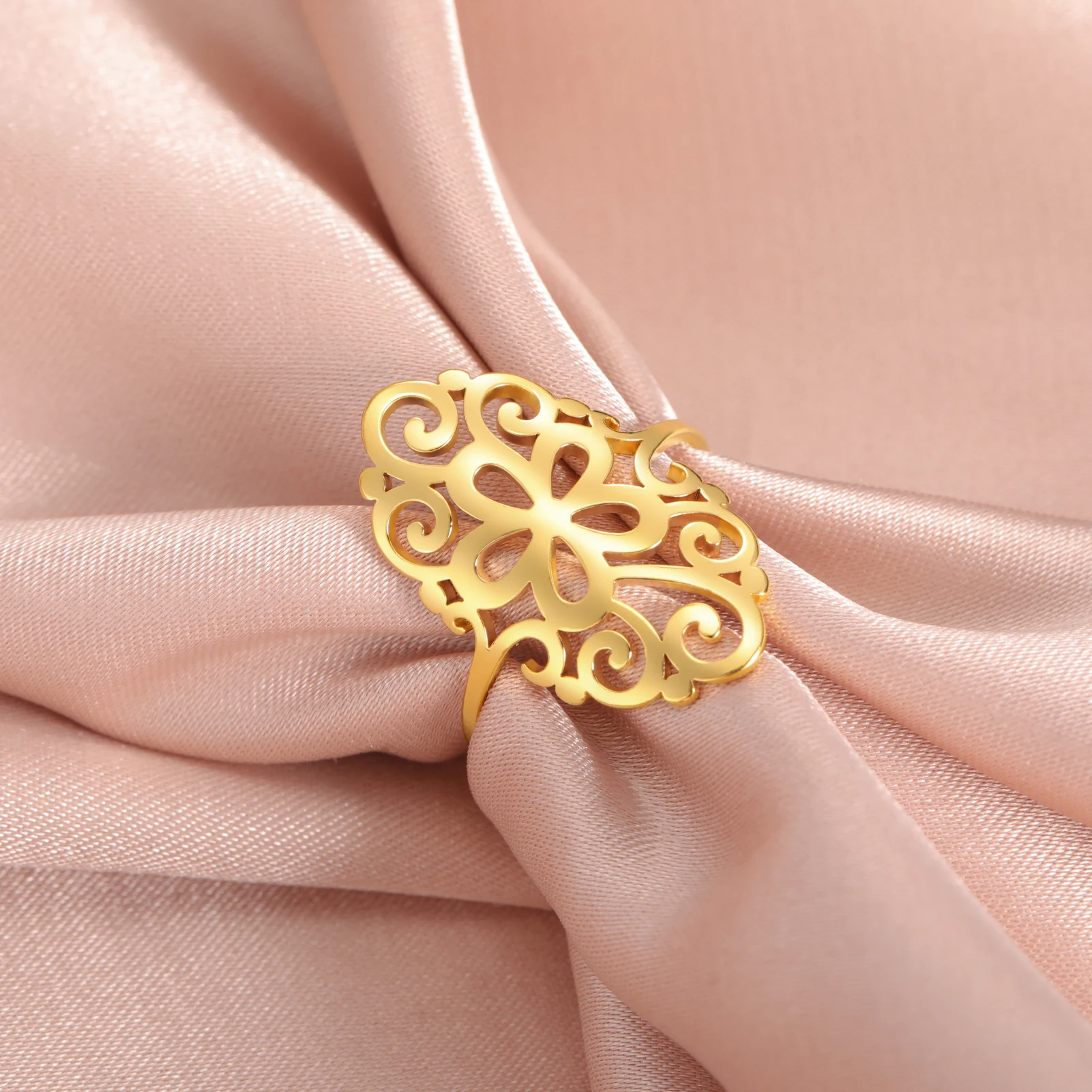 

Kkjoy Fashion Stainless Steel Gold Color Skeleton Flower Rings For Women Wide anillos Jewelry Christmas кольца Gift Wholesale