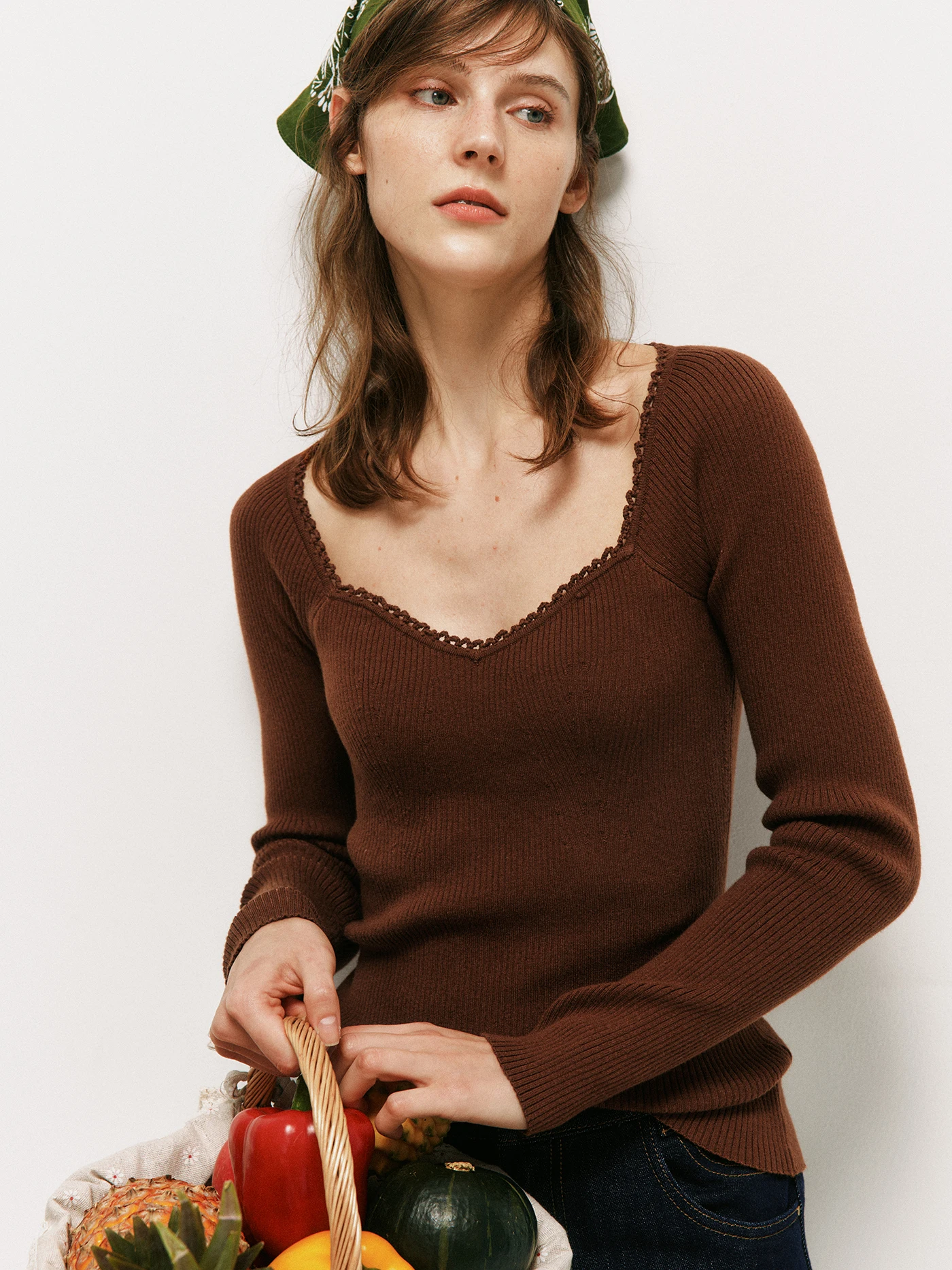 

Organic Cotton Merino Wool Vintage Square Collar Slim Fit Knitted Top Beauty Person Effect Long Sleeve Crew Neck Pullover