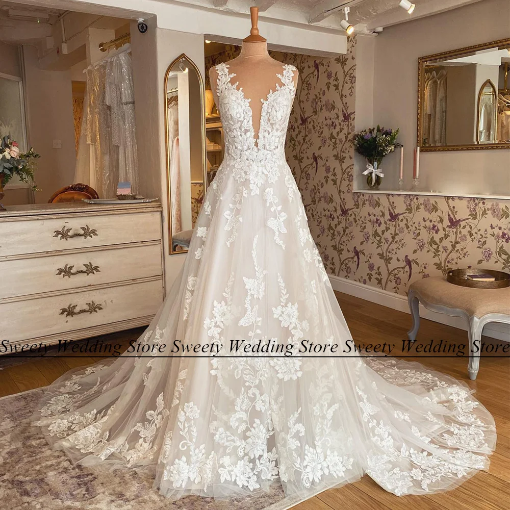 

Jiayigong Gorgeous Robe Mariee Wedding Dress Sleeveless V Neck Lace Applique Backless A Line Tulle Bridal Gown De Soiree