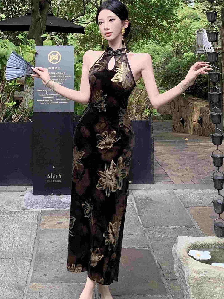 Autumn Black Floral Chic Neck-mounted Sexy Long Dress Women Luxury Elegant Dress Gown 2024 Korean Vintage Bodycon Evening Dress