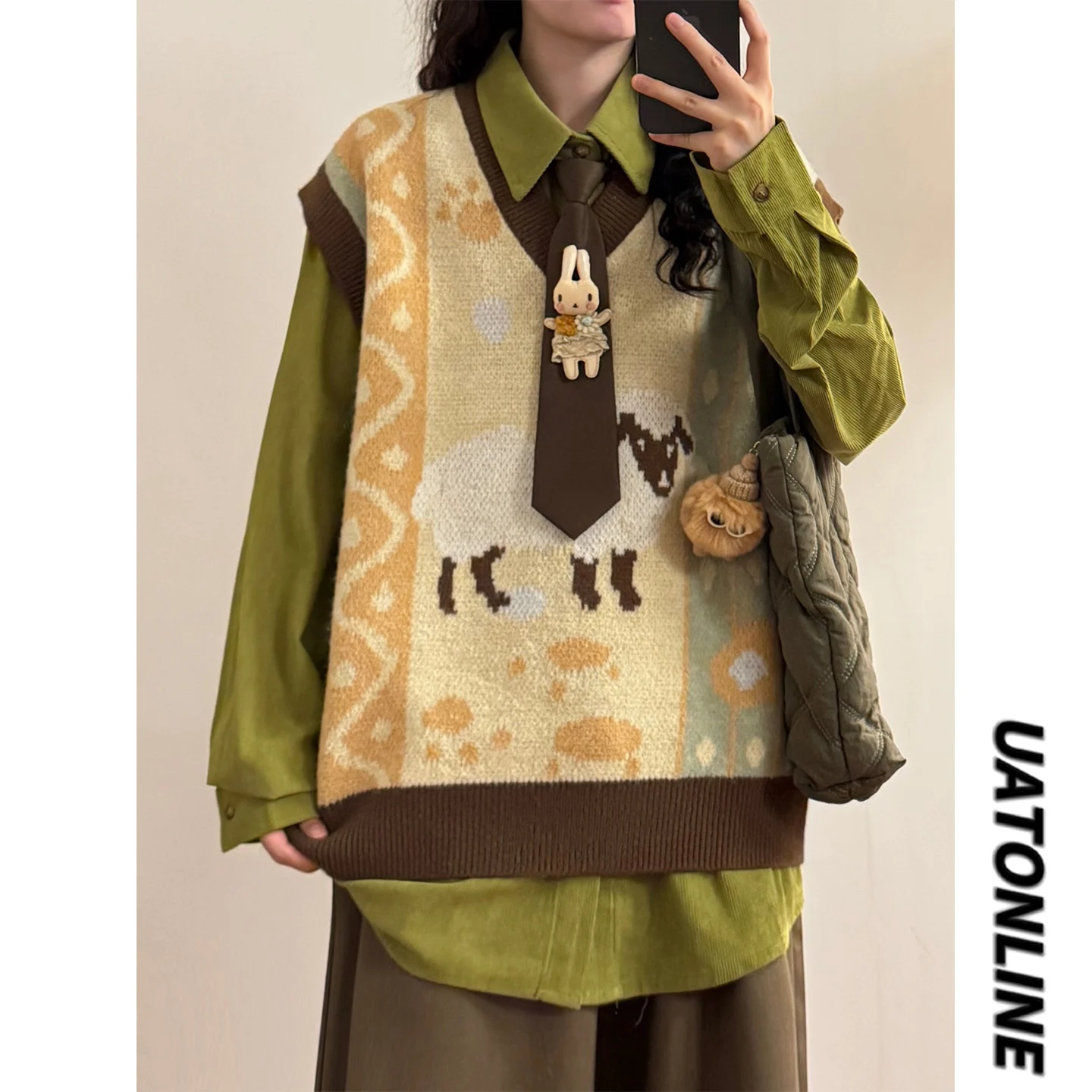 UATONLINE Autumn Vintage Fun Sheep Embroidery Gradient Vertical Stripes V-neck Sweater Vest Small Size Top Women's Fashion