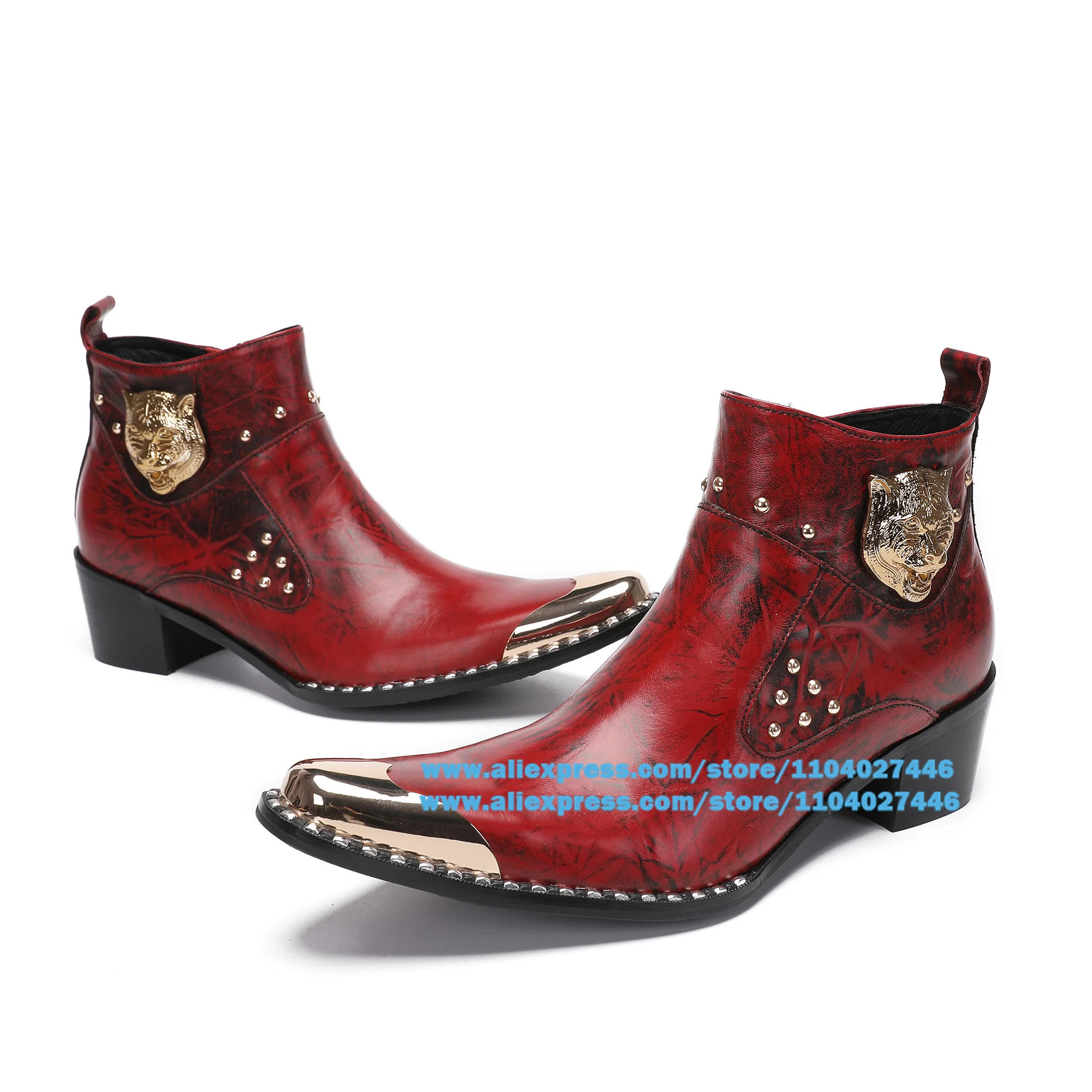 

Metallic Toe Men's Boots Red Leather Side Zipper Colorful Leather High-Top Booties British Luxury Handmade Trend Men Botas