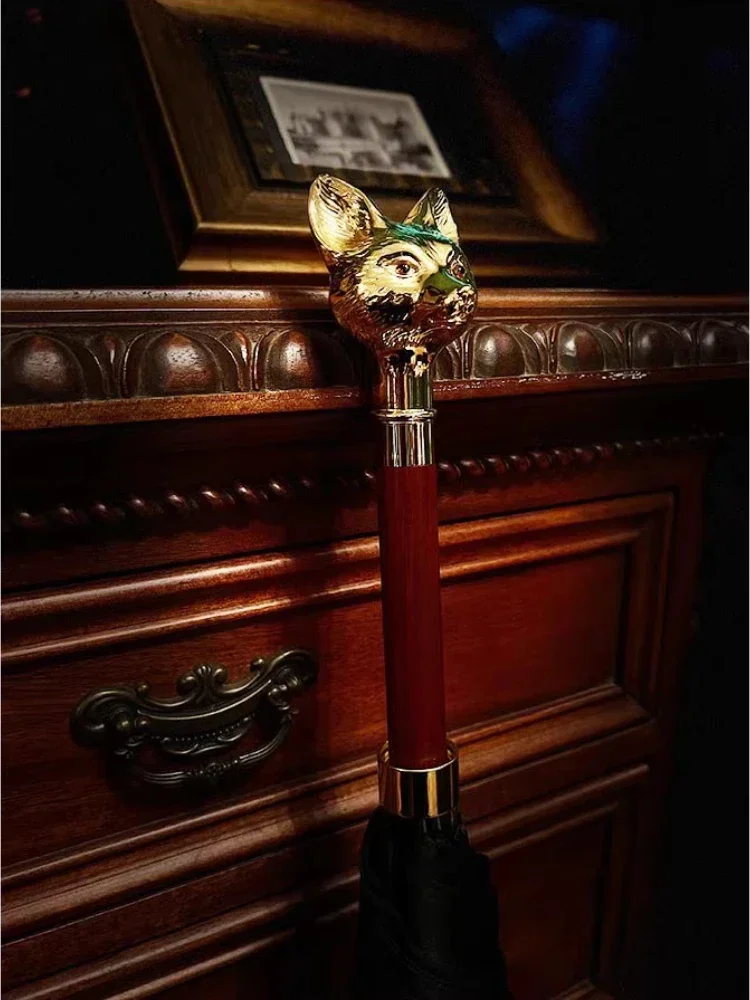 Luxury Personality High Density UV Protection Umbrella Long Handle Gold Silver Straight Bar Creative Fox Head Umbrella Gift