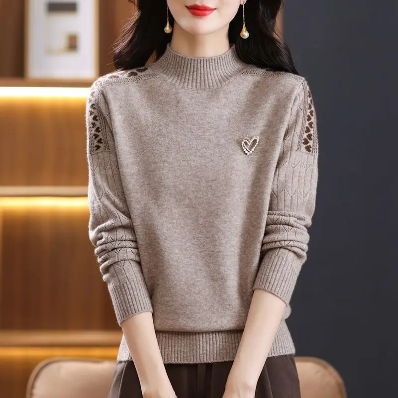 Round Neck Screw Thread Pullover Women's Clothing Sweater Long Sleeve Knitted Autumn Winter Solid Color Office Lady Rivet Tops