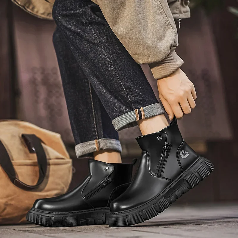 Autumn Winter Leather Boots For Men Platform Boots Zip Design Men's Ankle Boots High Top Work Shoes Man Short Boots Big Size 46