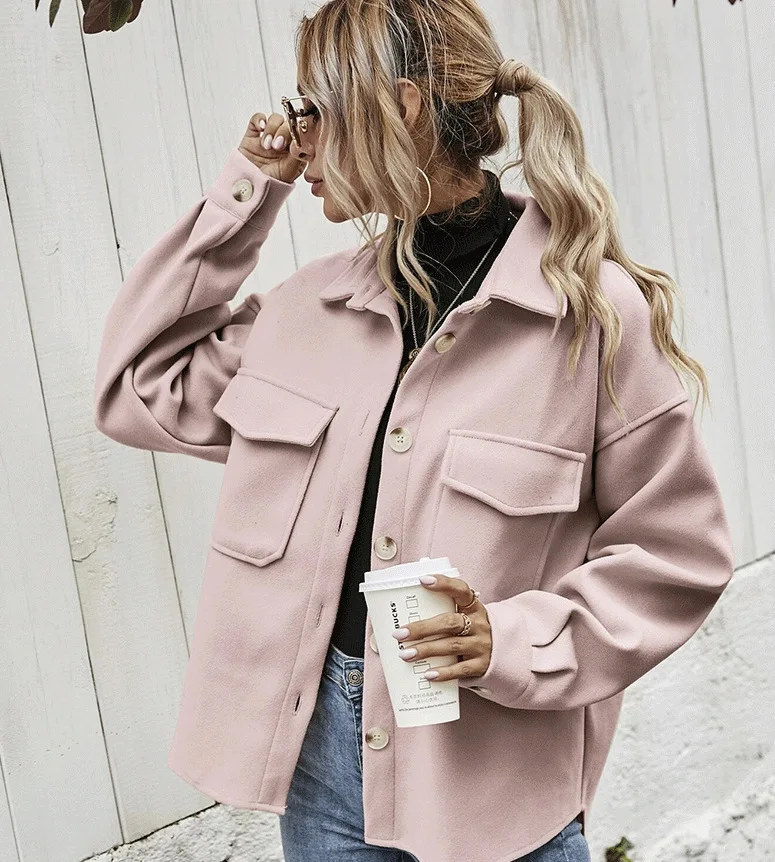 European American Women's Clothing 2025 Spring Lapel Single-breasted Thickened Solid-color Woolen Loose Coat