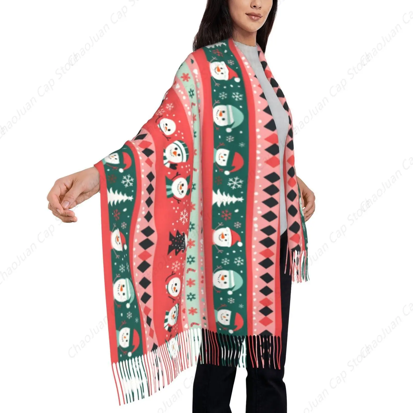 

Christmas Fuzzy Scarf Winter Warm Shawl Scarf for Women Fashion Tassel Long Scarves Snowman Stripes