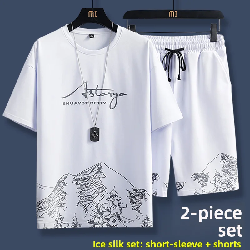 

Ice Silk Casual Set Men's Summer New Trend Brand ort Sve T-irt orts Sport Sle Two Piece Set Teenager Five Inch Pants