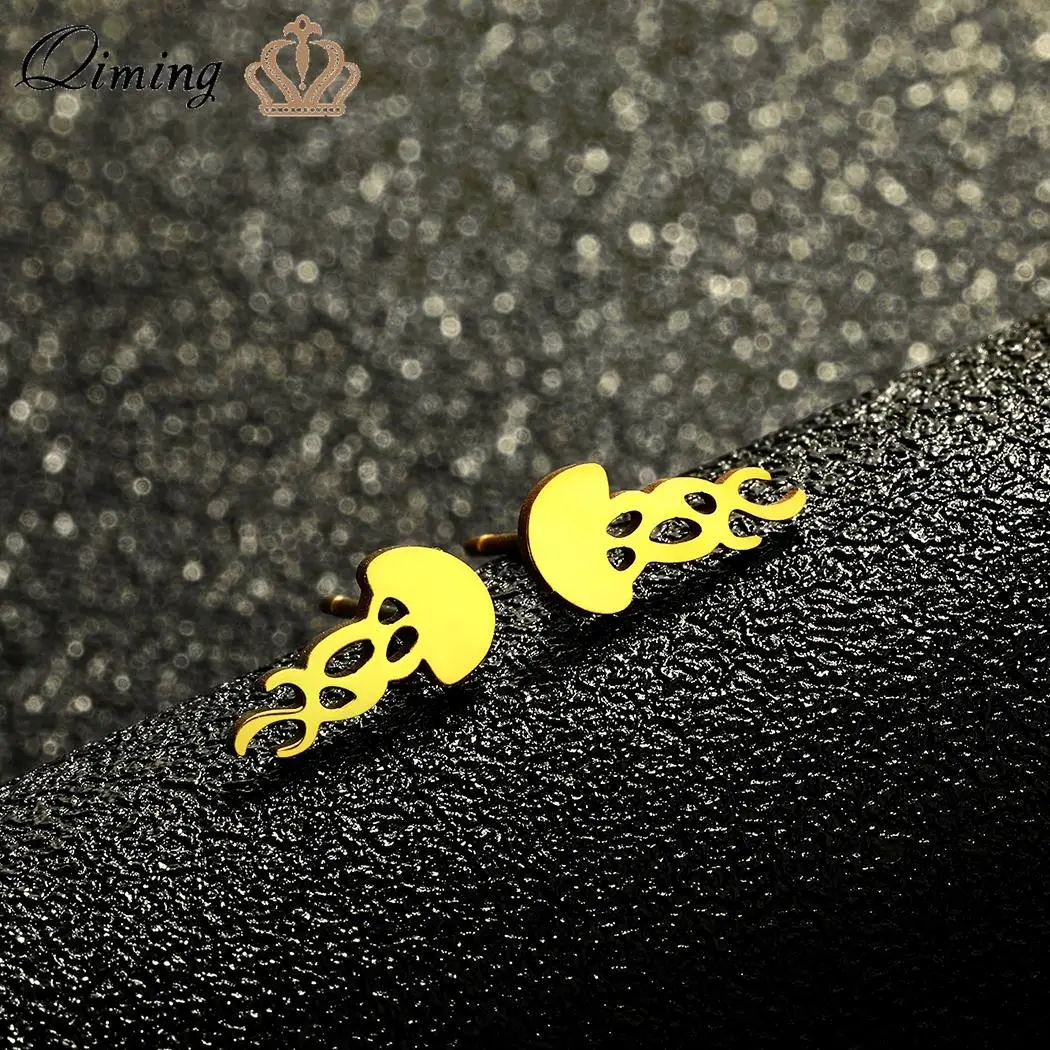 QIMING Handmade Jellyfish Earrings Stainless Steel Jewelry Ocean Jewelry Gold Stud Earrings Gift