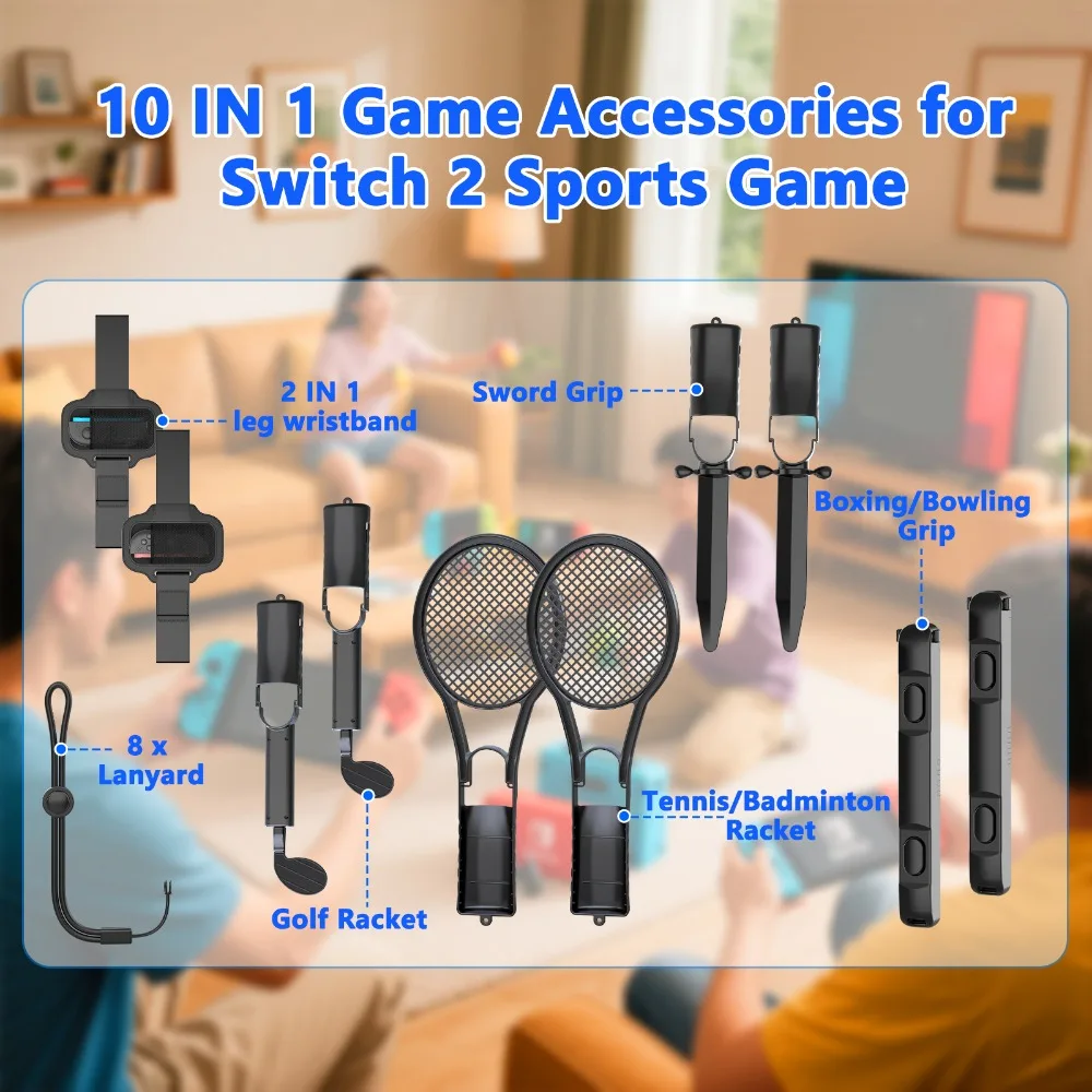 10in1 Switch Sports Accessory Set Suitable For Switch2 With Tennis Racket Golf Club Suitable For Parties and Gatherings