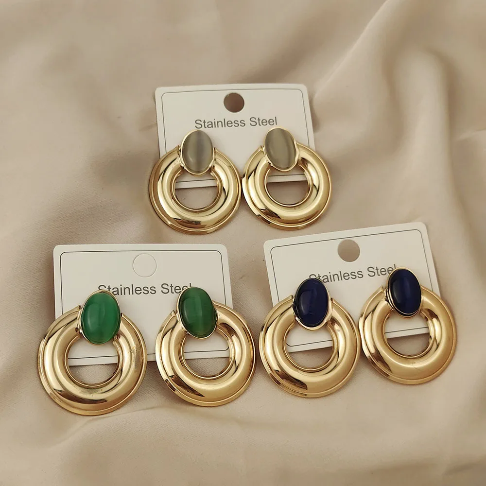 Charming ring oval colored cat eye gilded 18K women's earrings, high quality waterproof earrings, wife's gift