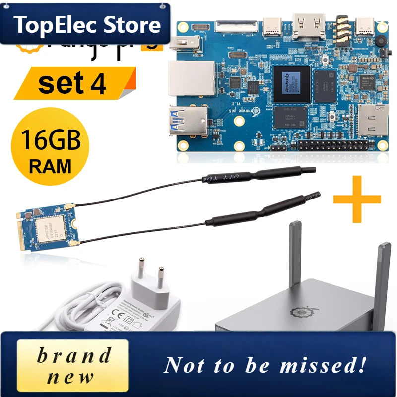 TopElec Orange Pi 5 16GB SBC+WiFi6 BT5.0 Module+Metal Case+ 5V4A Type-C Power Supply 4pcs Sets RK3588S Gigabit Ethernet Mini PC