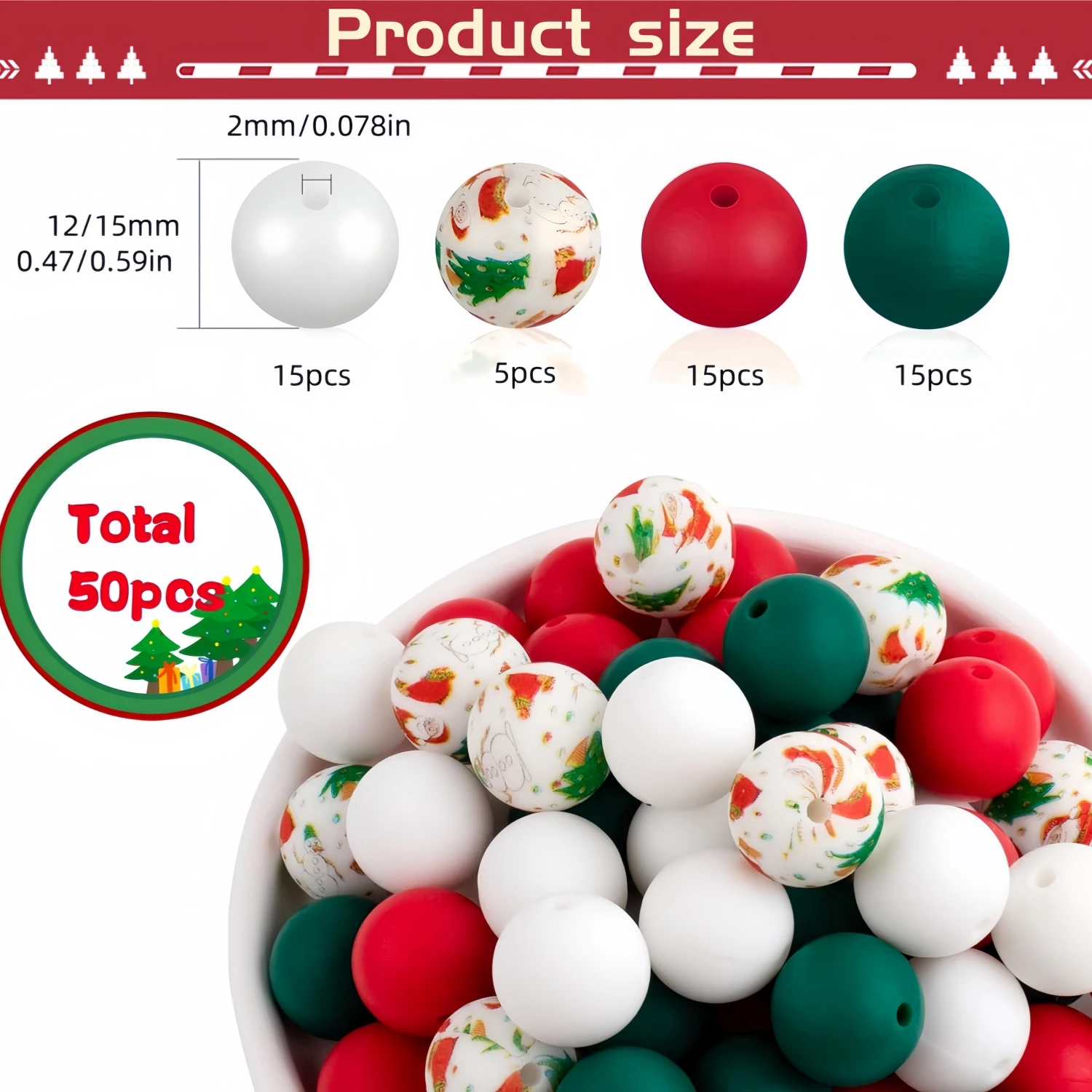 50pcs/set Christmas Silicone Beads,12/15mm Silicone Beads for Keychain Making 50 Silicone Beads Loose Rubber Beads Loose Silicone Beads for Pen