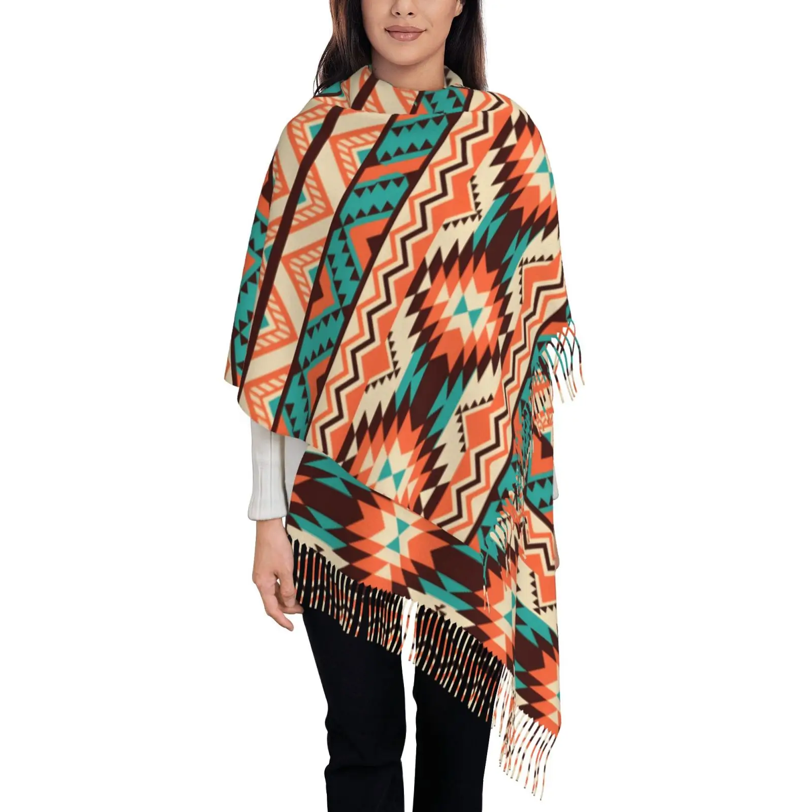 Tribal Geometric Print Women Shawl Scarf, Aztec Ethnic Pattern Tassel Wrap, Soft Warm Oversized Cape for Daily Outfit