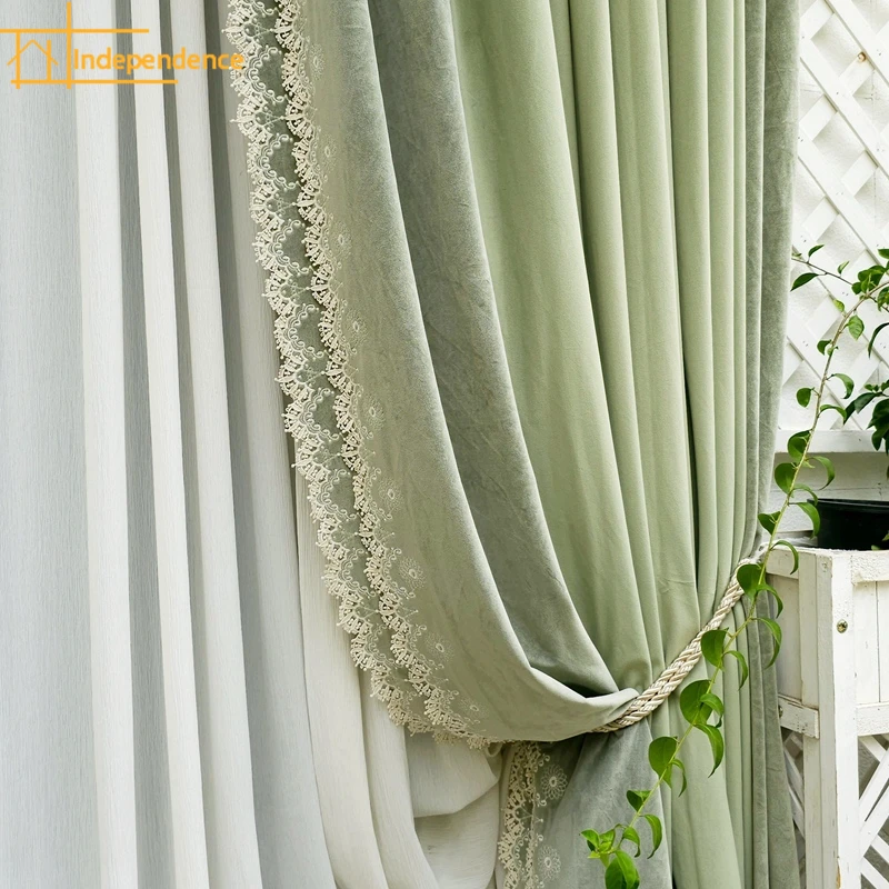 Customized Green Lace Embroidery Velvet Thickened Blackout Curtains for Living Room Bedroom French Window Balcony Villa
