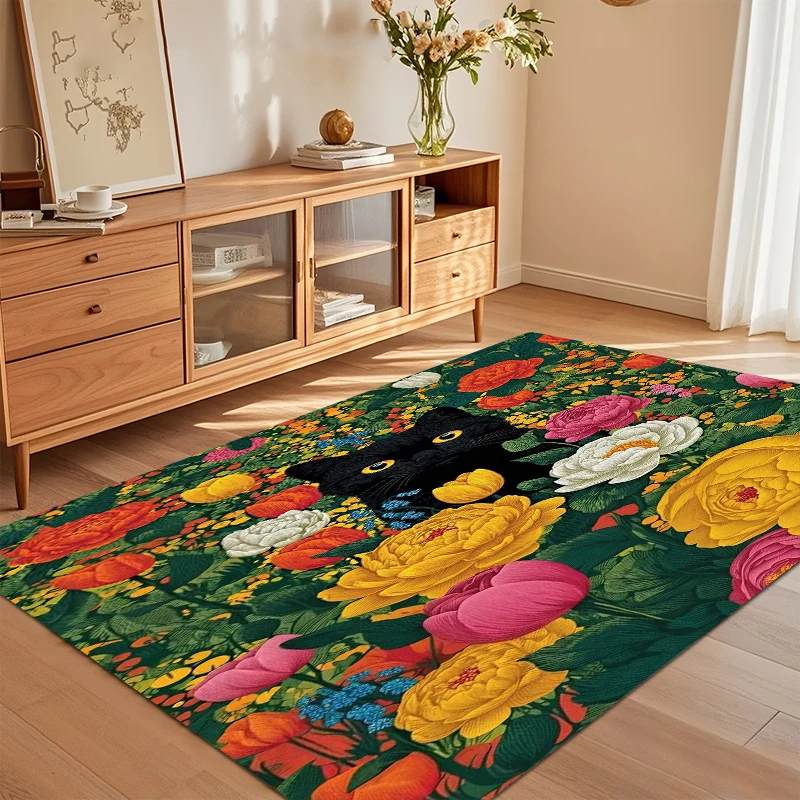 Oriental Area Rug Peony Black Cat Non Slip Floor Mat Entryway Foyer Flannel Carpet for Bathroom Kitchen Bedroom  Home Decor Gift