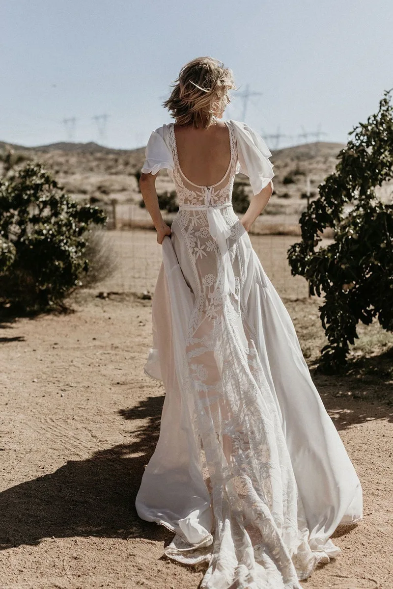 Vintage echte Foto Boho Meerjungfrau rücken freie Brautkleider Spitze tiefen V-Ausschnitt Vestidos de Novia Bohemian Robe de Mariée ärmel los