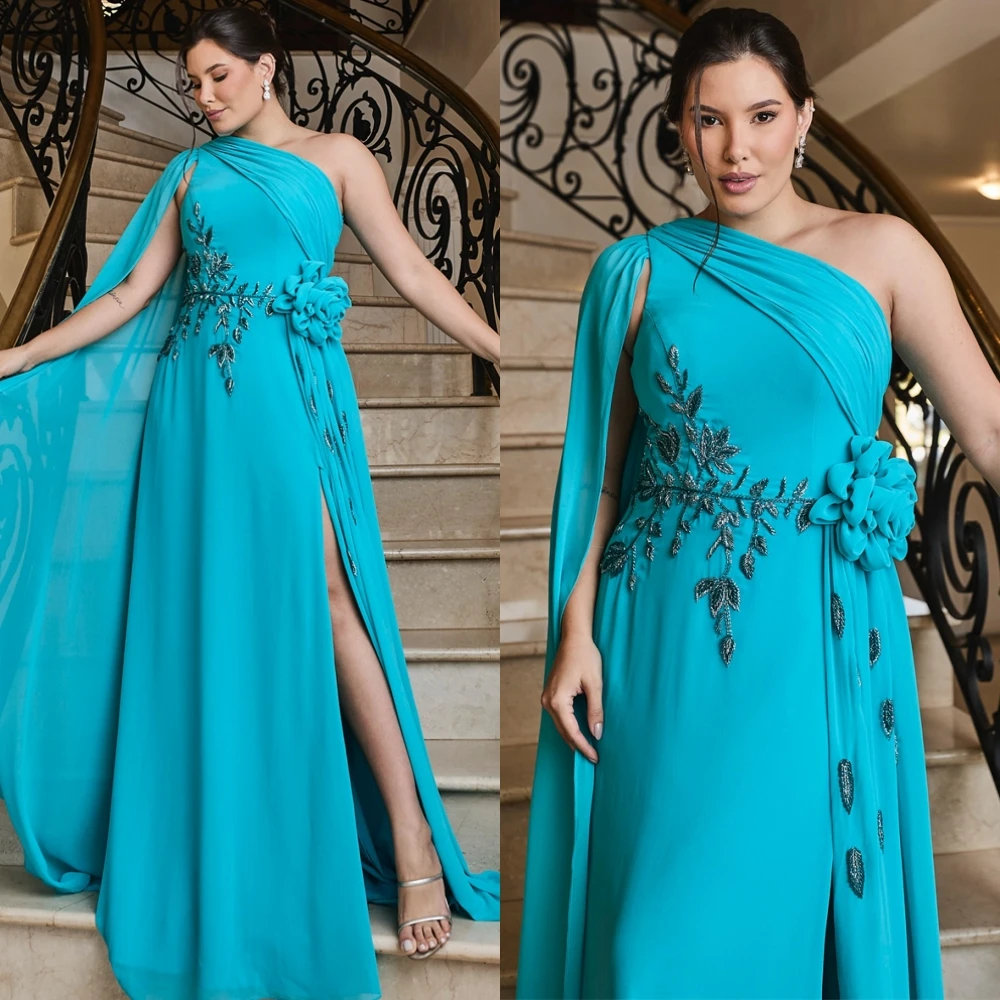 

Customized Elegant Blue Chiffon Evening Dress Formal Sleeveless One Shoulder Celebrity Gowns Soft Beading Appliques Prom Dresses