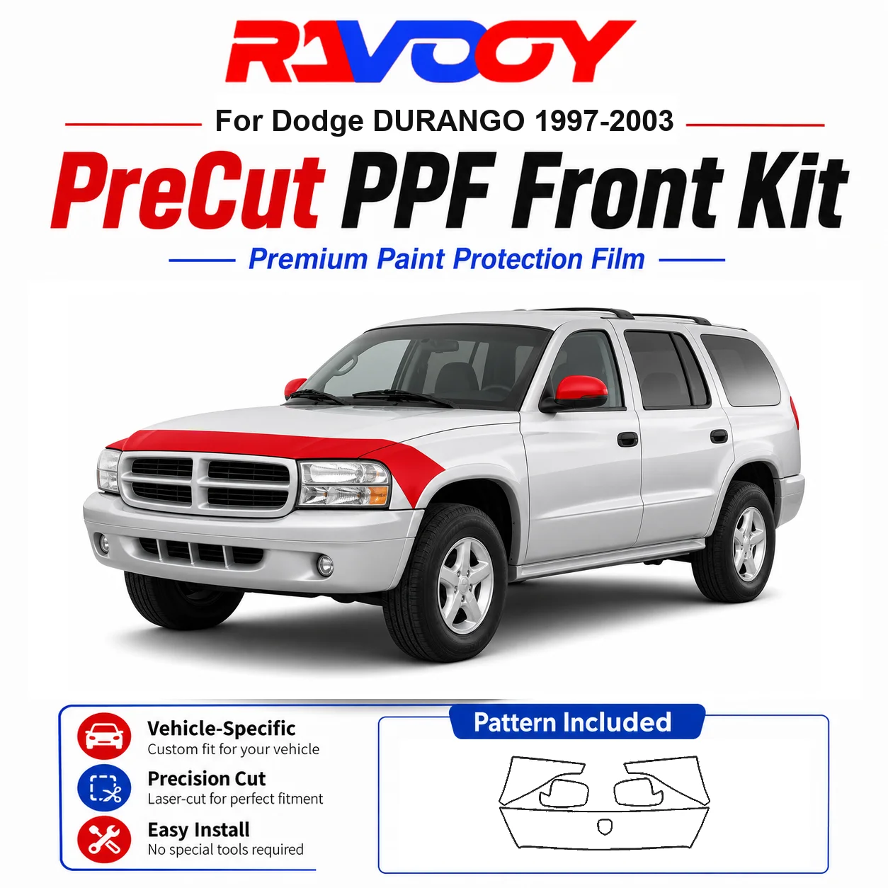 

8.5mil TPU Precut PPF Kit For Dodge DURANGO 1997-2003 - Hood, Fenders & Mirror Set - Self-Healing Clear Bra Film