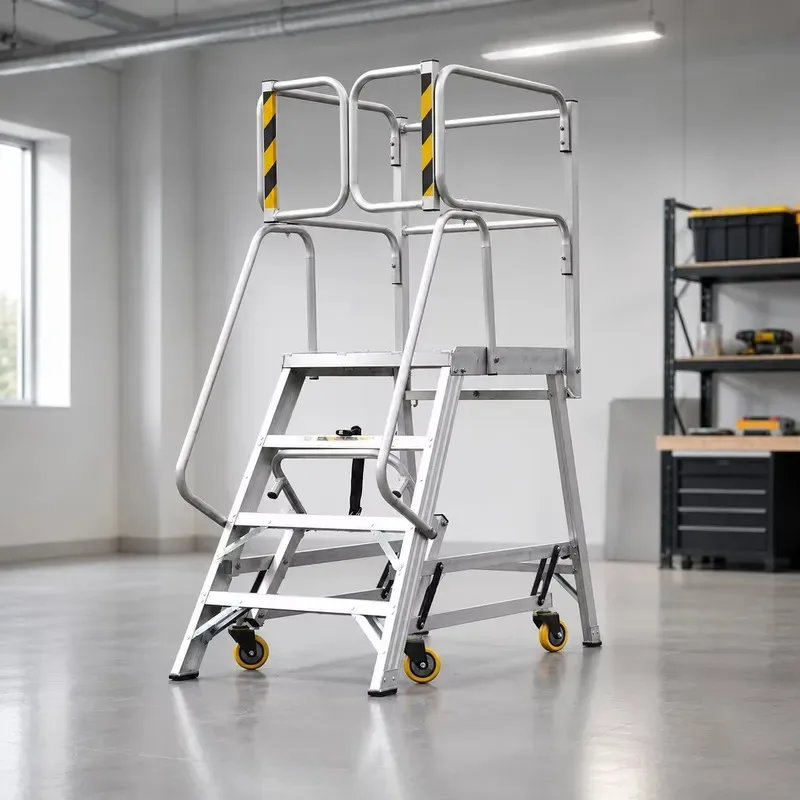 Heavy Duty 4 Step Aluminum Platform Ladder with Retractable Roller System for Warehouse Factory Industrial Exterior Staircase