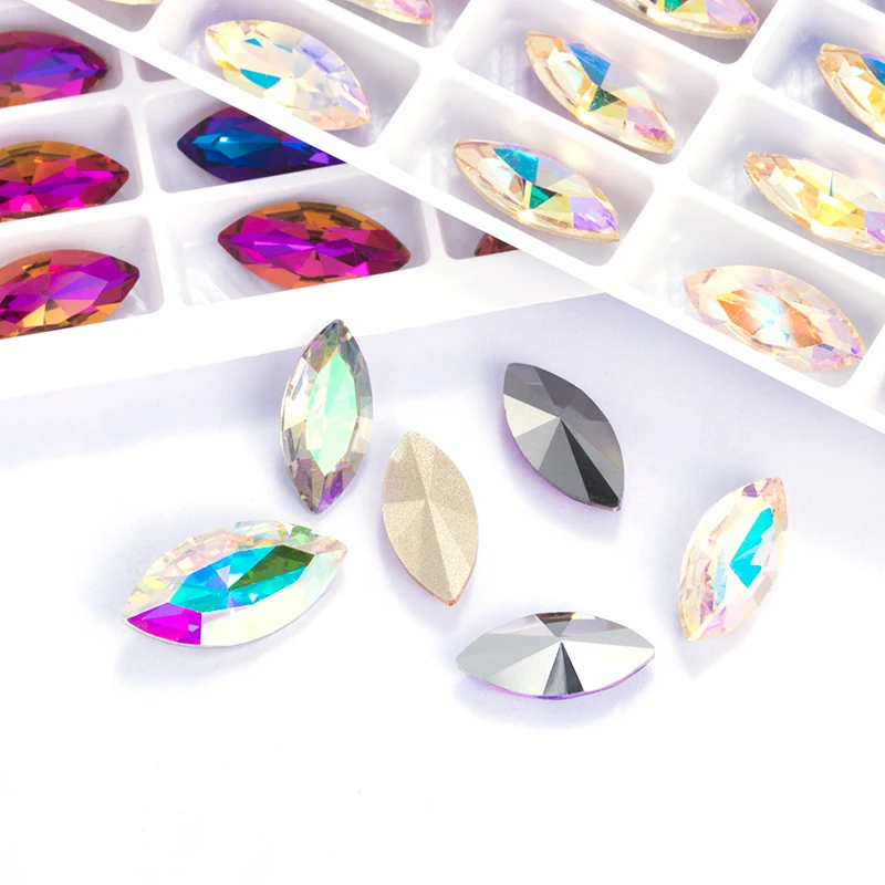 20\10Pcs Navette Shape Glass Rhinestones 5x10mm\7x15mm\9x18mm Crystal Stones Glue on Nails Decoration Fancy Rhinestone Strass
