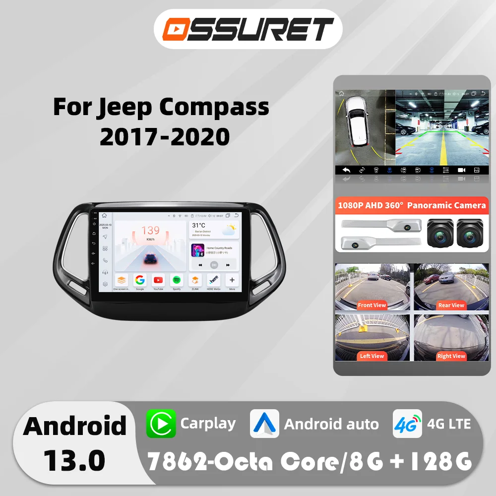 

Автомобильные интеллектуальные системы Android для Jeep Compass 2017-2020, мультимедийный плеер Android Auto, авторадио, GPS, экран камеры 360°