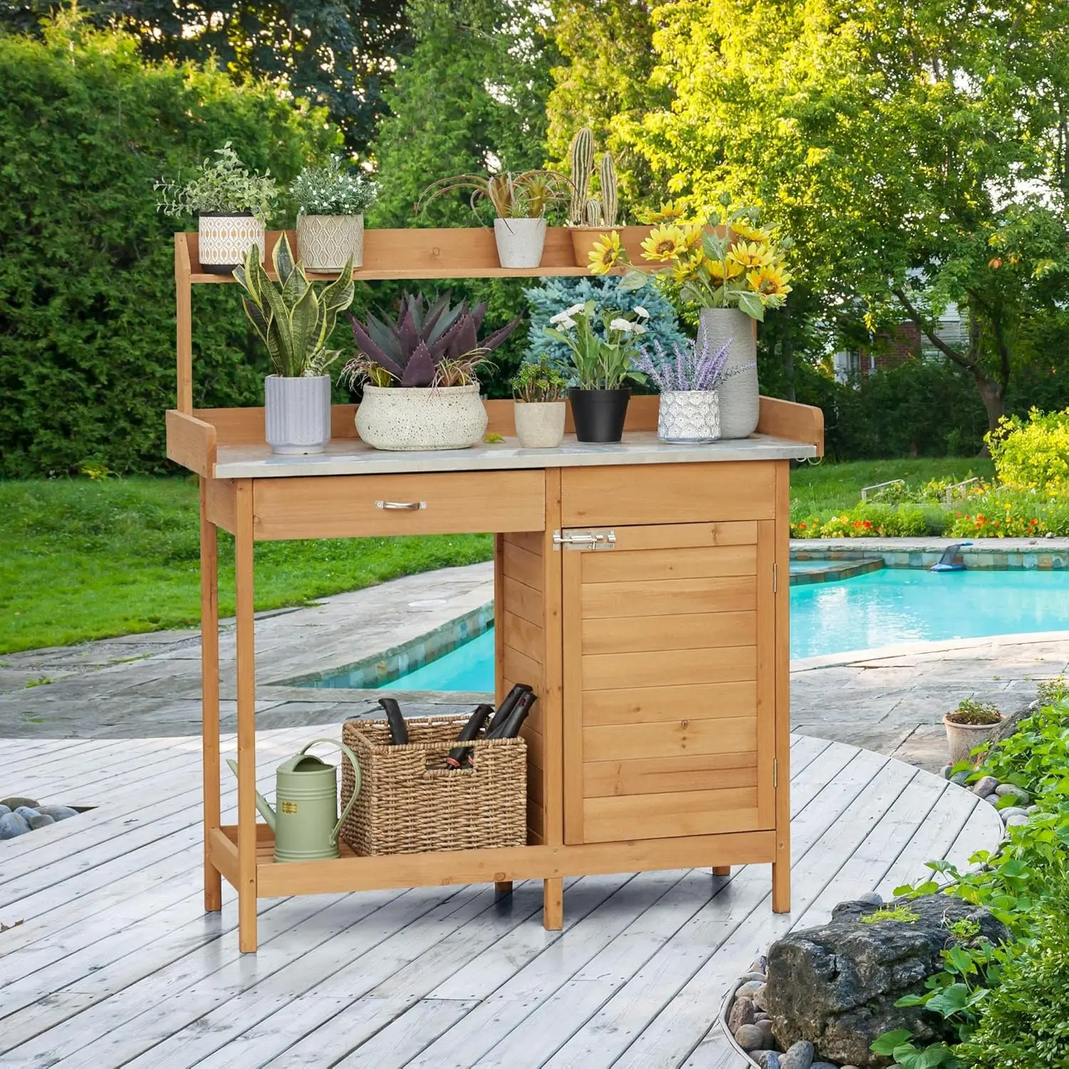 Banco para macetas de jardín al aire libre, mesa de trabajo, mesa de Metal con cajón de gabinete, estante abierto de madera Natural