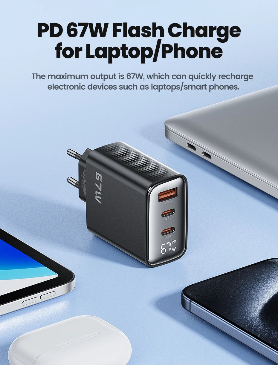 Toocki 67W GaN USB Fast Charger PD 65W 45W PPS Digital Display Type C Quick Charger For iPhone 15 16 17 Samsung S23 S24 Macbook