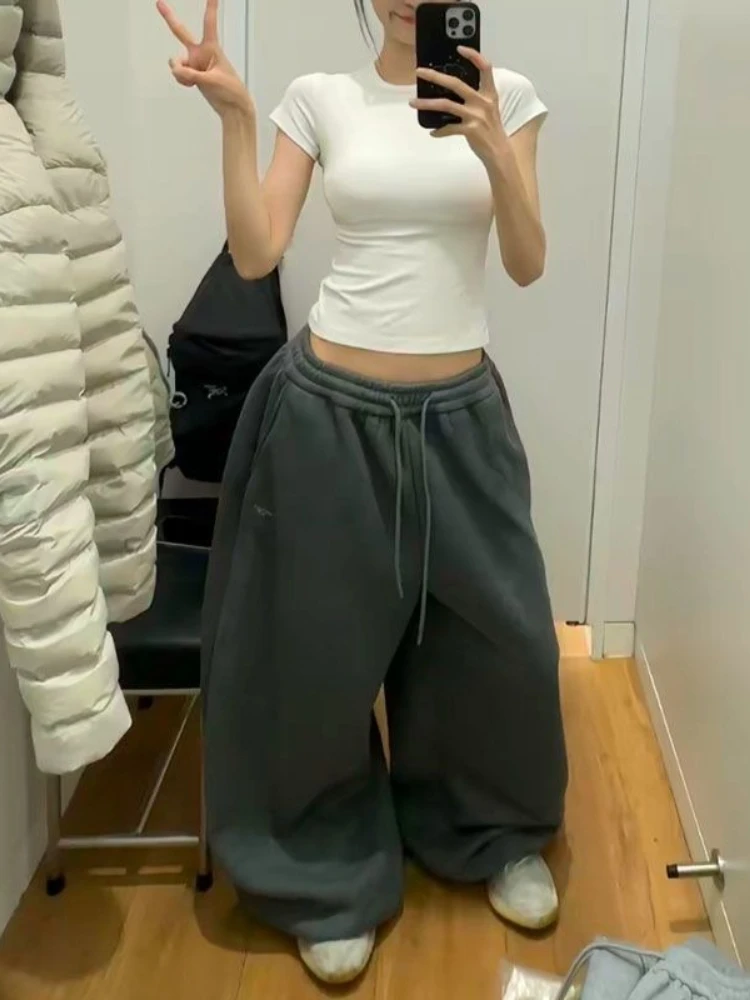 

HOUZHOU Vintage Y2K Gray Sweatpants Women Korean High Waist Oversize Sports Pants Casual Streetwear All Match Wide Leg Trousers