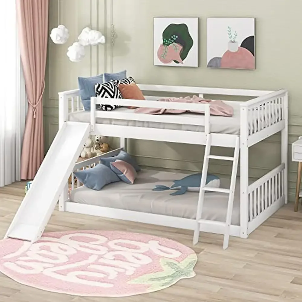 Full Low Bunk Bed with Slide and Ladder Kids Boys Girls White Pine Wood Convertible Floor Bunk Bed Modern Design No Box Spring