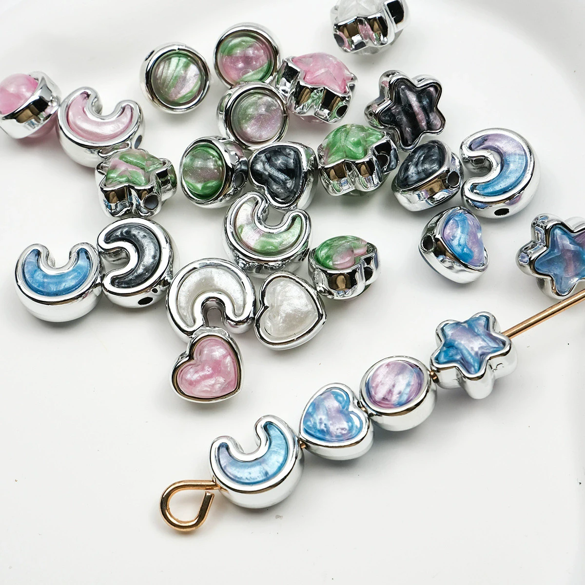 New Starry Night Cat Eye Stone Perforated Moon Star Butterfly Beaded Pen Mobile Chain Diy Loose Beaded Jewelry Accessories