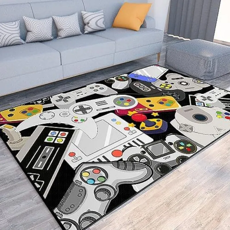 Gamer Non-Slip Area Rug Game Controller Pattern Black Carpet for Playroom Bedroom Living Room Floor Mat Waterproof Easy Clean
