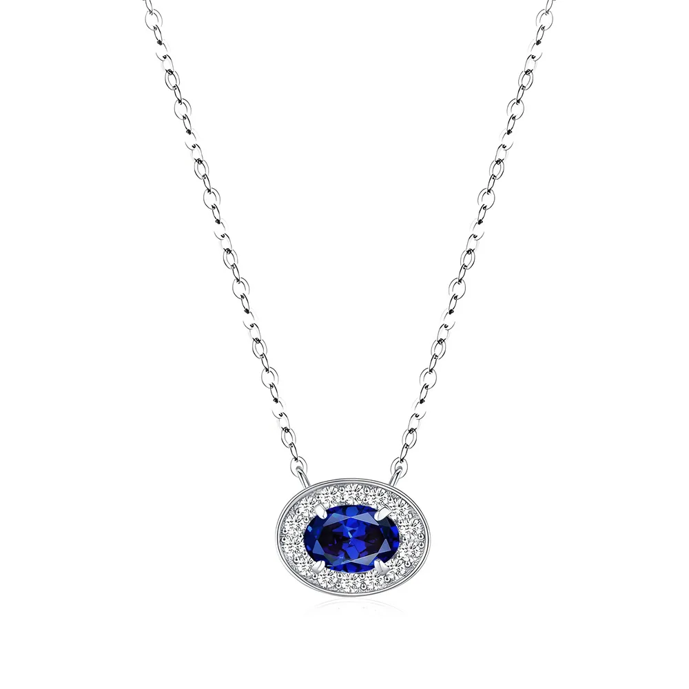 

New 925 silver oval necklace women's sapphire pendant personalized light luxury collarbone chain