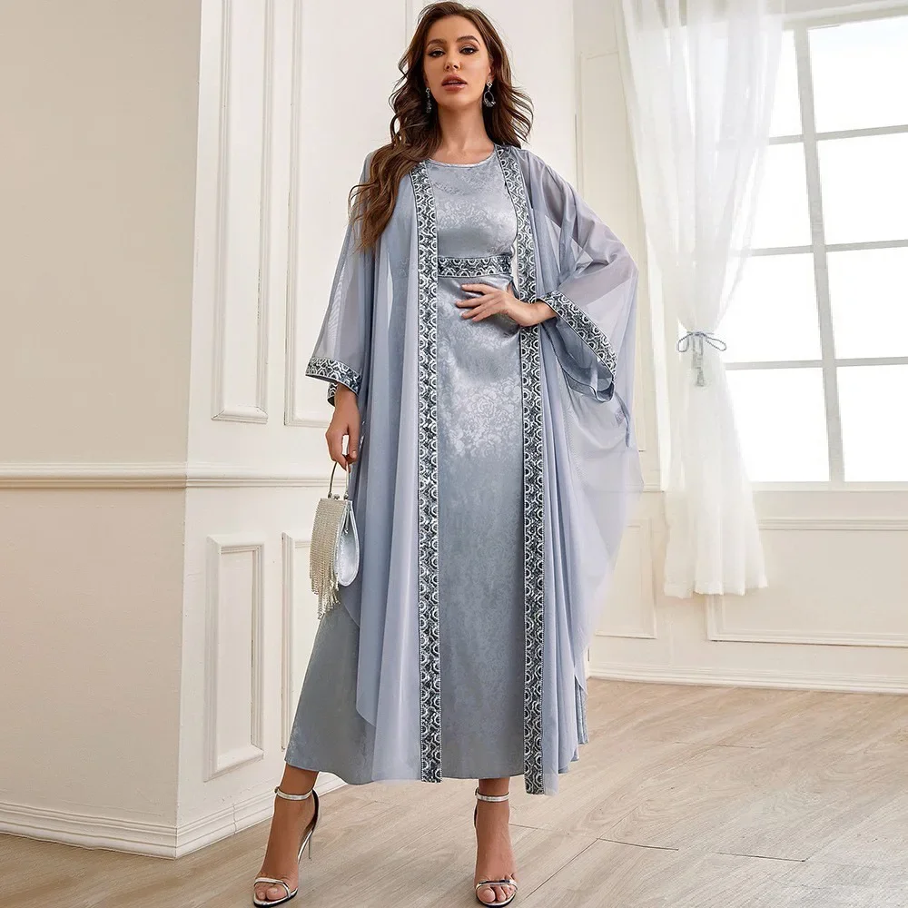 Caftán Eid musulmán bordado Abaya para mujer, conjunto de 2 uds., vestido de fiesta, bata de Ramadán, Abayas de Dubái, caftán de noche largo, trajes