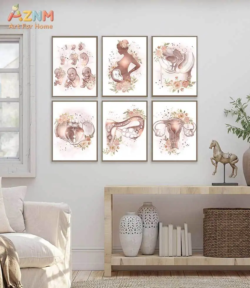 AZNM Aquarell Blumenmuster Weibliche Reproduktionsanatomie Leinwand-Wandkunst Gebärmutter Fötus Schwangerschaft Kunstdruck Ungerahmtes Gemälde für Hebammen