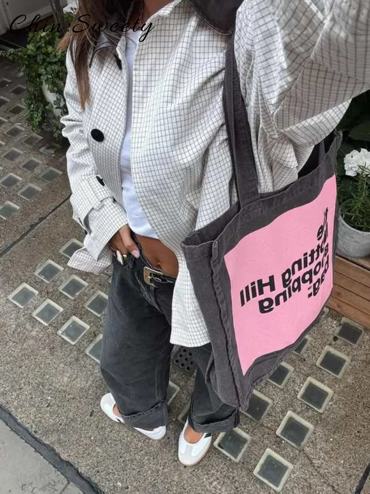 

Casual Women's Plaid Single Breasted Jacket Loose Leather Lapel Full Sleeve Coat 2025 Autumn Lady Chic High Street Outwear New