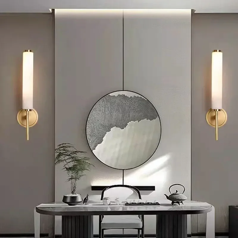 

Modern Natural Marble LED Wall Sconce Copper Trim 110-240V Living room TV Background Bathroom Bedroom Dining room LED Wall Light