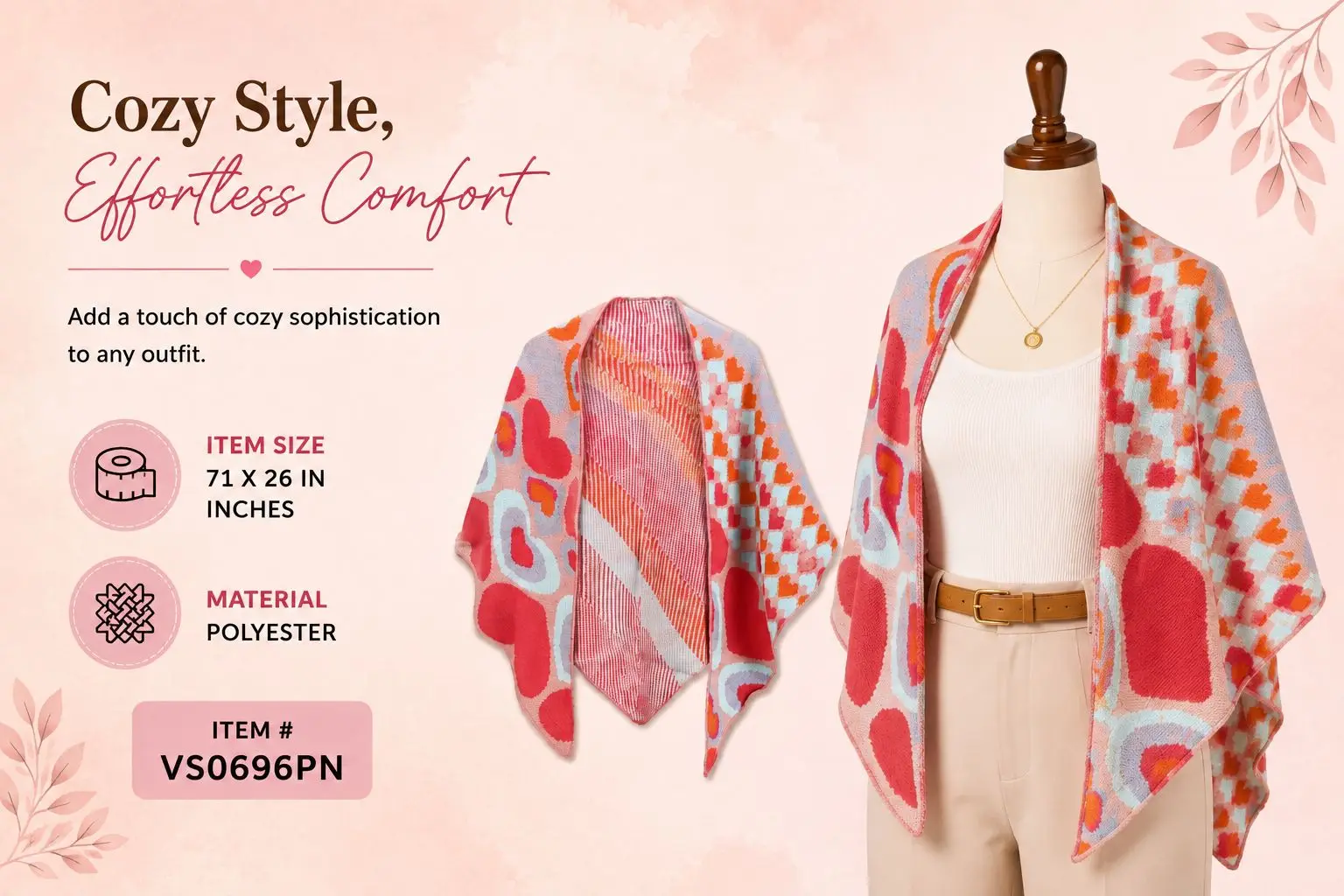 Women Red Heart Geometric Print Shawl Wrap Open Front Polyester Poncho Cape Fashion Fall Winter Ladies Outerwear Scarf